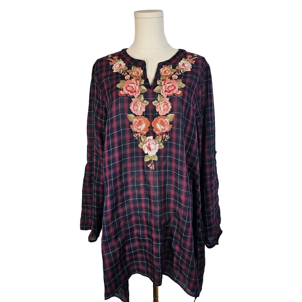 Andree by Unit FLAWED Tab-Sleeve Embroidered Tunic Cottagecore Floral Plaid‎ L
